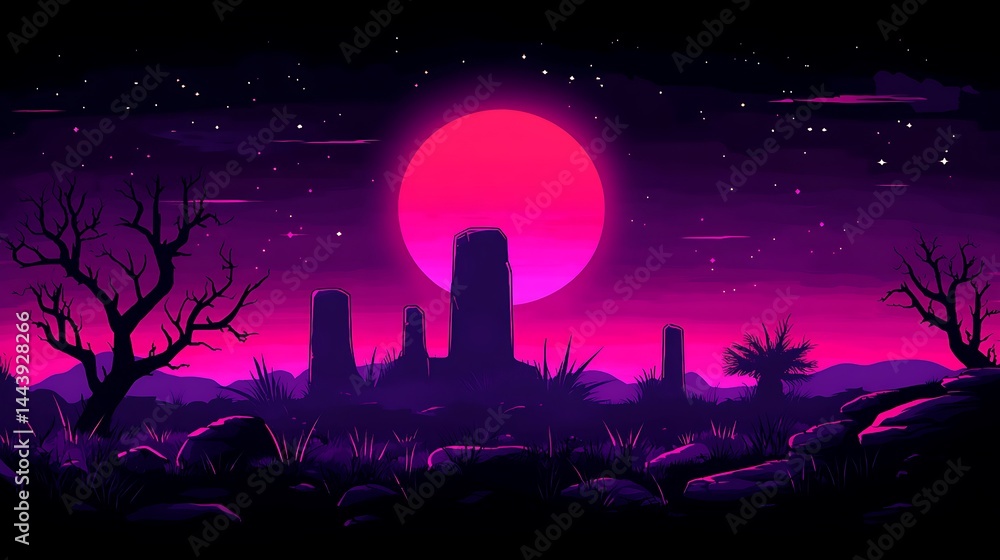 Naklejka premium Synthwave desert night landscape scenery view