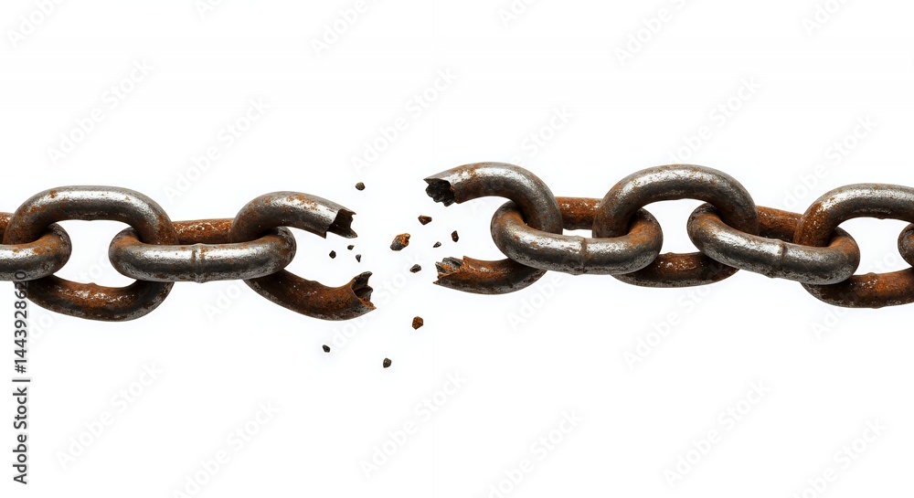 Obraz premium Corroded and Broken Metal Chain Isolated on White Screen Background Depicting Construction Breakdown Degradation With Rust Textures and Damaged Links Close Up