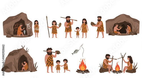 Prehistoric Human Evolution – Cavemen Activities and Stone Age Lifestyle in Educational Illustration