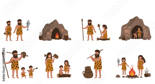 Prehistoric Human Evolution – Cavemen Activities and Stone Age Lifestyle in Educational Illustration