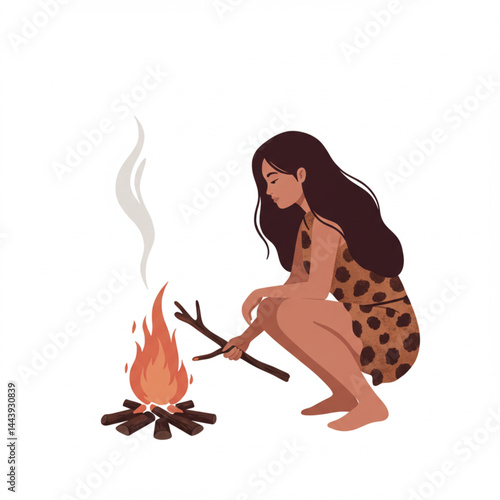 Primitive Woman Lighting Fire – Prehistoric Survival Scene in Minimalist Vector Illustration