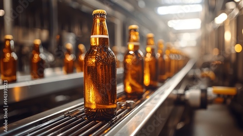 Beer Bottling Process in a Modern Brewery with Light Reflections