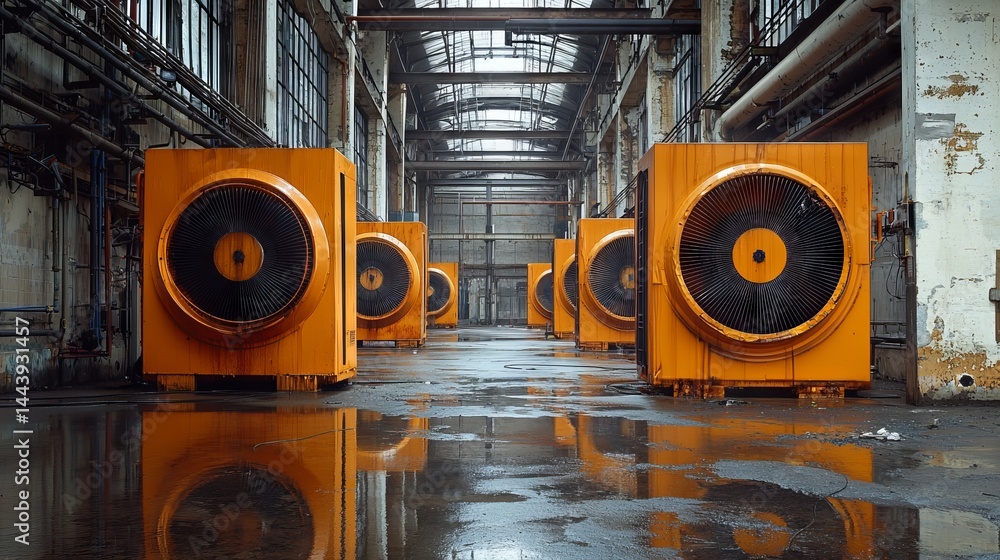 Industrial Fans in Abandoned Warehouse with Orange Color Accent