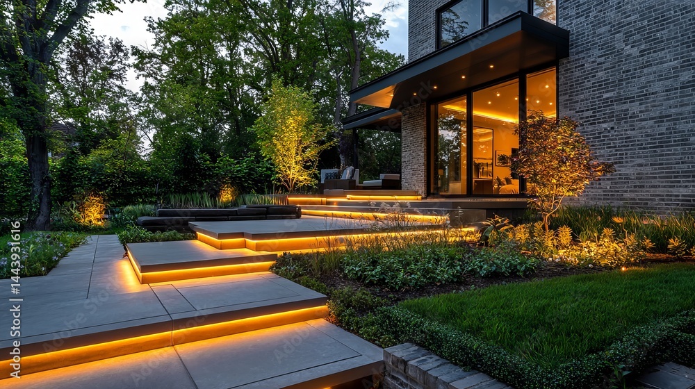 Modern Backyard with Illuminated Steps and Elegant Landscaping at Dusk