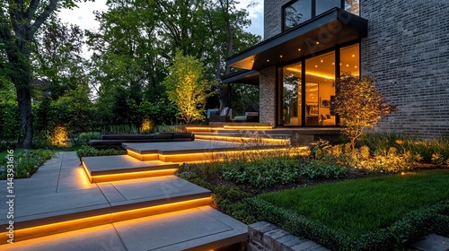 Obraz na płótnie Modern Backyard with Illuminated Steps and Elegant Landscaping at Dusk w salonie