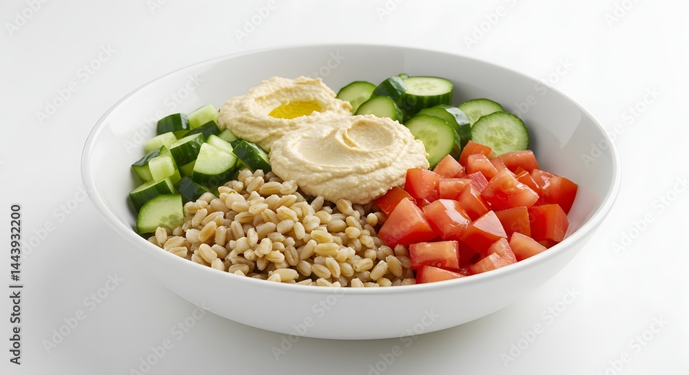 Close up of a white bowl filled with hummus, cucumbers, tomatoes, and barley on a white background Close up of a white bowl filled with hummus, cucumbers, tomatoes, and barley on a white background