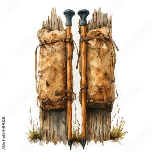 watercolor of Hiking Trekking Pole Pair, vector, isolated on a white background.