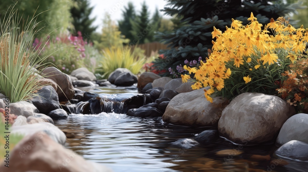 Obraz premium Serene Garden Waterfall Rocks Flowers and Tranquil Stream