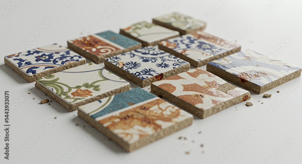 Naklejka premium Damaged Mosaic Tiles on White Screen Background Featuring Varied Patterns Perfect for Texture Overlays Advertising Decoration and Represents Themes of Reuse Recycle Repair