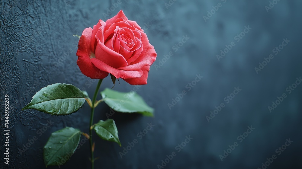 Vibrant Pink Rose Against Dark Textured Background with Green Leaves