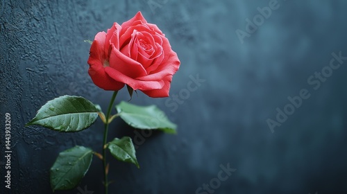 Obraz na płótnie Vibrant Pink Rose Against Dark Textured Background with Green Leaves w salonie