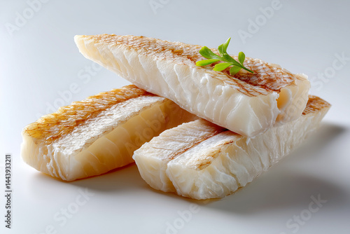 Freshly cooked fish fillets with light golden sear stacked on clean white background. Minimalistic presentation highlights culinary craftsmanship