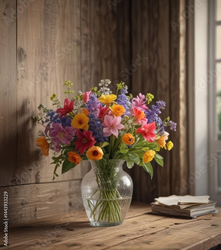 Wallpaper Mural Vibrant spring bouquet in a clear vase near a vintage-style lamp on a weathered wooden surface ,  roses,  pastel,  nature Torontodigital.ca