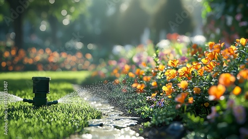 Obraz na płótnie Watering Flowers in Bright Garden with Sprinkler and Lush Green Grass w salonie