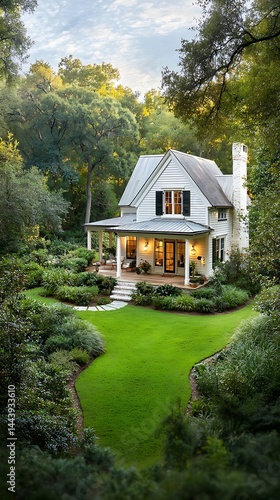 Wallpaper Mural Charming white cottage nestled in a lush forest setting Torontodigital.ca