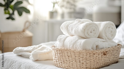 Rolled white towels in a basket on a bed