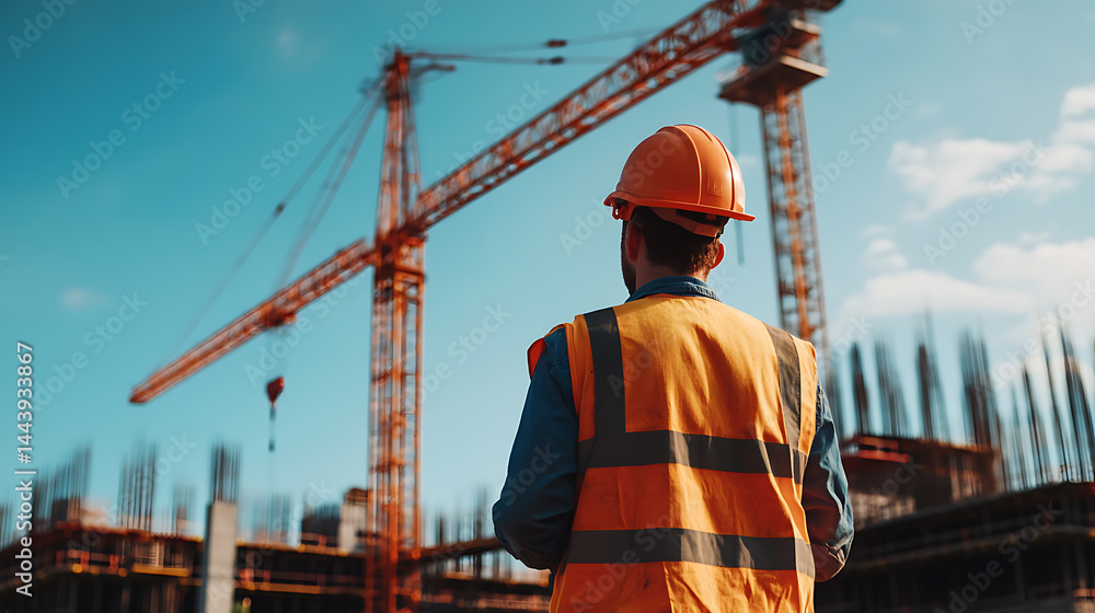 Construction Worker Overlooking Site with Cranes Construction Worker Overlooking Site with Cranes