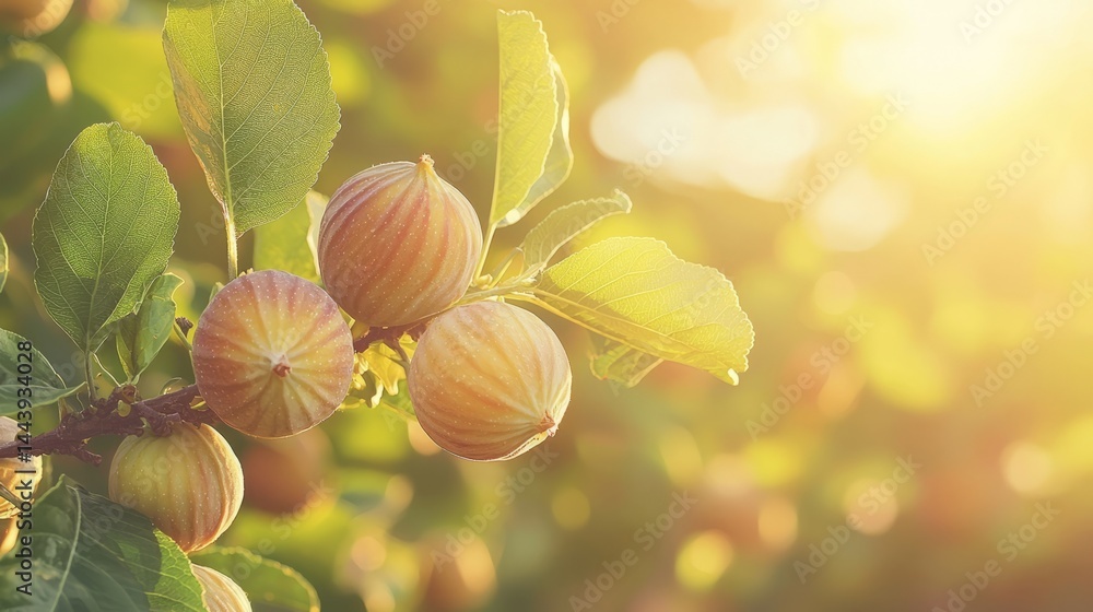 Fresh Fig Fruits on Branch Under Golden Sunset Glow in Orchard