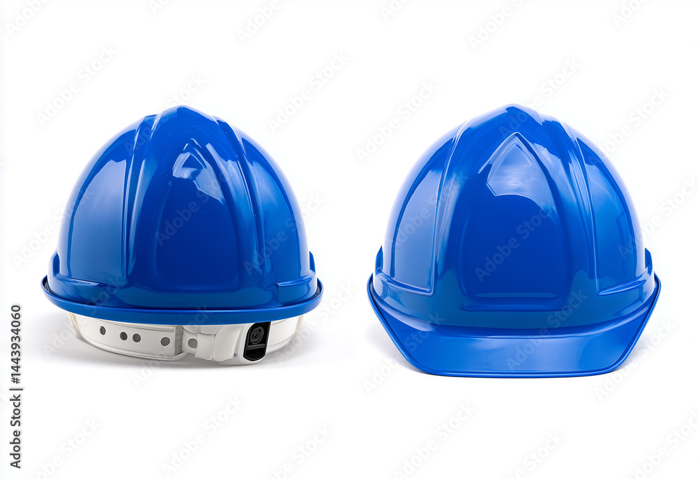 Examining Blue Safety Helmet Mockups for Construction on White Background Examining Blue Safety Helmet Mockups for Construction on White Background