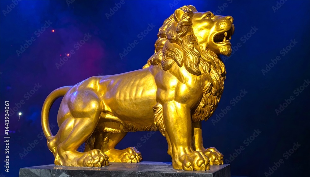 Majestic golden lion statue on dark blue background Majestic golden lion statue on dark blue background