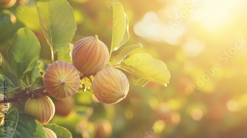 Obraz na płótnie Fresh Fig Fruits on Branch Under Golden Sunset Glow in Orchard w salonie