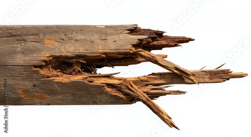 Demolished Weathered Wooden Fence Post Isolated on White Screen Background Showcasing Splintered Damage Texture and Decay Detail Object Wood For Recycle Projects