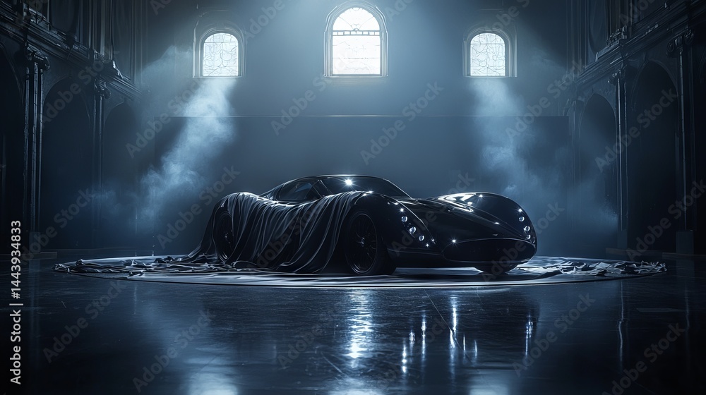 Sleek Sports Car Covered with Elegant Fabric in Dramatic Lighting Environment