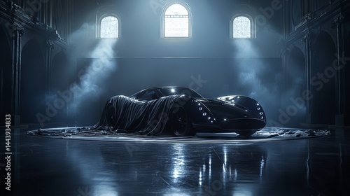 Sleek Sports Car Covered with Elegant Fabric in Dramatic Lighting Environment