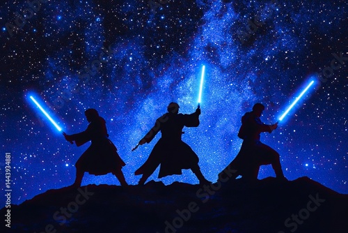 A photo depicting three Jedi holding lightsabers, against a dark blue and black starry sky background, in silhouette style with a glowing light effect on the characters. 
