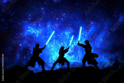 A photo depicting three Jedi holding lightsabers, against a dark blue and black starry sky background, in silhouette style with a glowing light effect on the characters. 