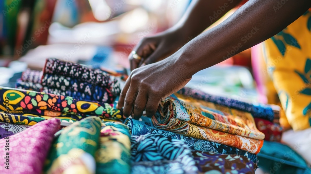 Fototapeta premium Colorful fabrics being examined at market