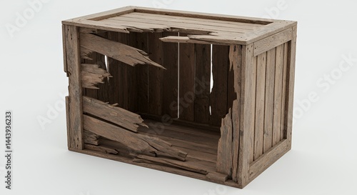 Distressed Wooden Crate with Broken Planks Isolated on White Screen Background Perfect for Decoration and Creative Projects Showing the Theme of Damage and Need for Repair