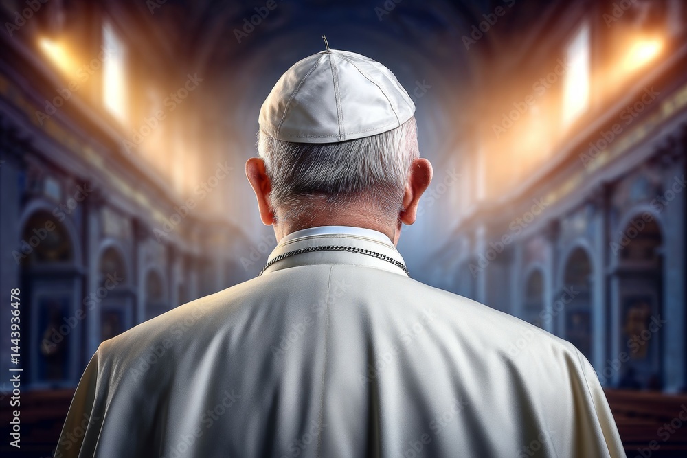 Mature caucasian male in religious robes facing church altar