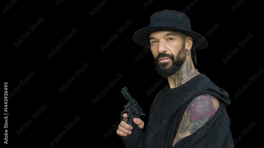 Serious Man with Gun Tattooed Black Hat Dramatic Portrait Serious Man with Gun Tattooed Black Hat Dramatic Portrait