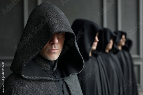 Hooded caucasian males in a line, mysterious atmosphere, dark clothing, serious expression