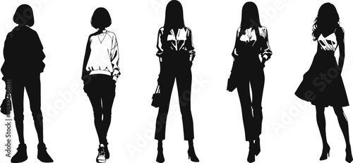 Silhouettes of five stylish women in diverse outfits, showcasing modern fashion trends