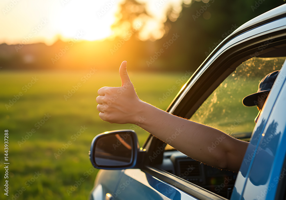 custom made wallpaper toronto digitalPerson giving a thumbs-up out of a car window against a stunning sunset backdrop.