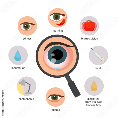 Vector medical poster symptoms of conjunctivitis.
