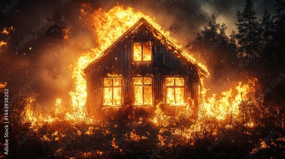Burning wooden house in forest