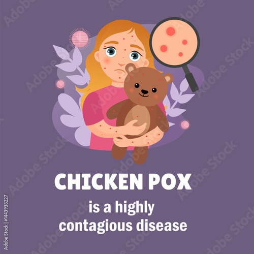 Vector poster chickenpox highly contagious disease. Illustration of cute girl with rash holding teddy bear in hands.

