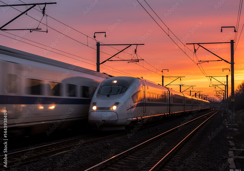 Fototapeta premium A dramatic sunset casts a warm glow as high-speed trains race along their tracks.