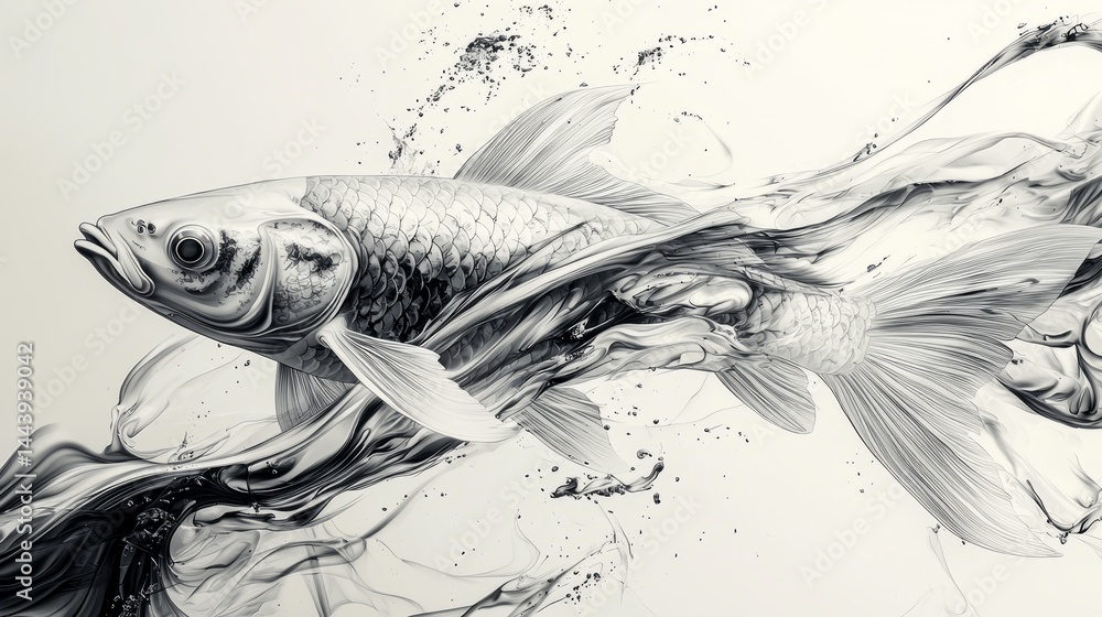 Artistic Black and White Illustration of a Fish with Flowing Water Elements