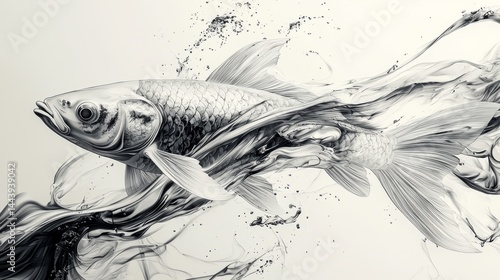 Obraz na płótnie Artistic Black and White Illustration of a Fish with Flowing Water Elements w salonie