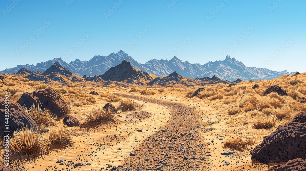Vast Desert Landscape with Rocky Mountains and Clear Blue Sky