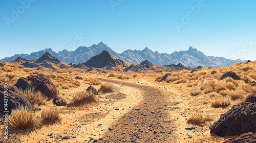 Obraz na płótnie Vast Desert Landscape with Rocky Mountains and Clear Blue Sky w salonie