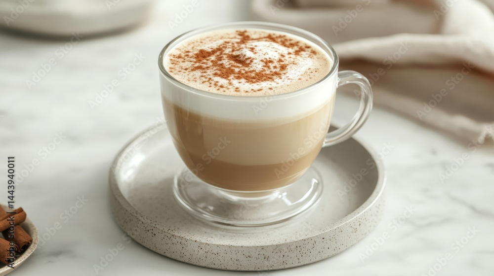 Obraz premium Glass cappuccino cup with foam sprinkled with cinnamon, elegant table setting generative ai