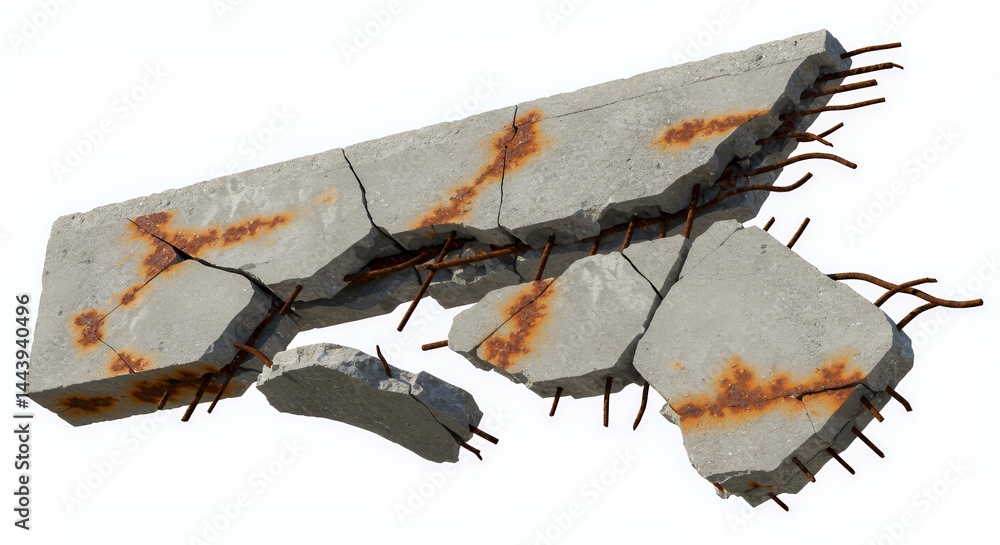 Severely Damaged Rusty Concrete Section with Exposed Rebar Isolated on White Screen Background For Ads Promotion and Reuse Symbolizing Repair Challenges