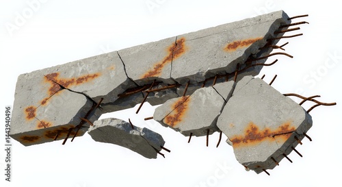 Obraz na płótnie Severely Damaged Rusty Concrete Section with Exposed Rebar Isolated on White Screen Background For Ads Promotion and Reuse Symbolizing Repair Challenges w salonie