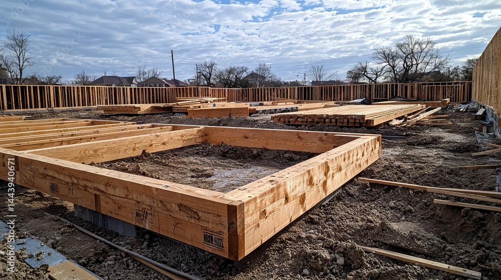 Construction Site Foundations with Wooden Framing Under Blue Sky