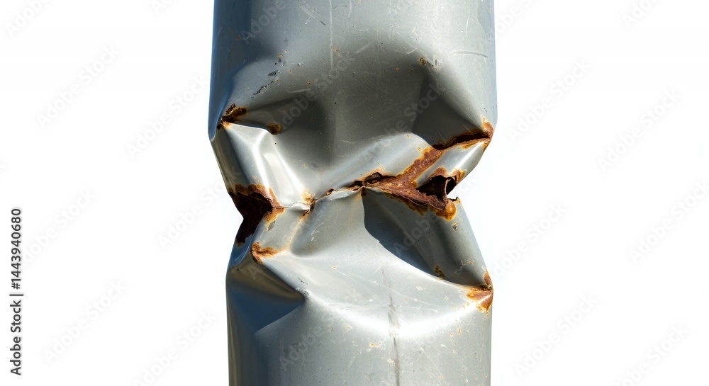 Severely Dented Aluminum Street Sign Pole Showcasing Damage from Impact and Corrosion Isolated on White Screen Background for Recycle and Repair Concepts